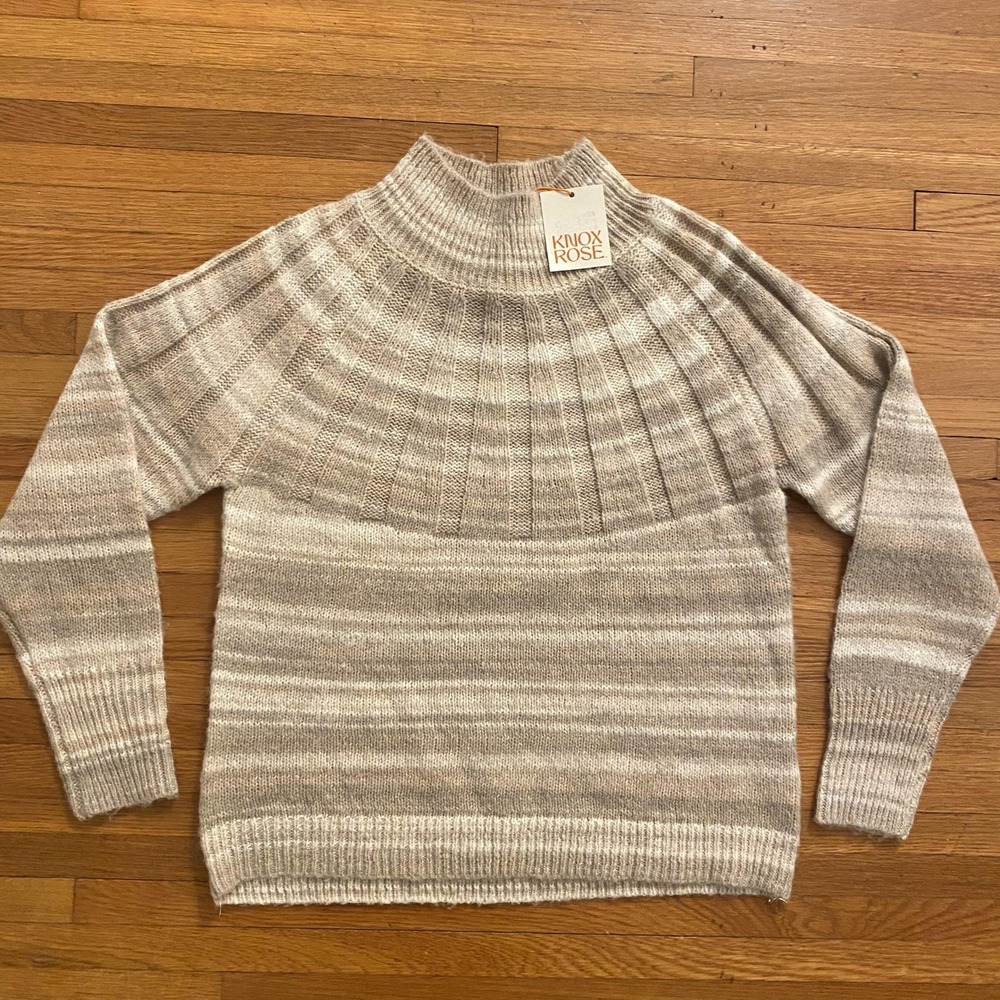 Knox Rose Sweater Womens Large Oatmeal Mock Neck Ribbed Yoke Wool Blend Pullover